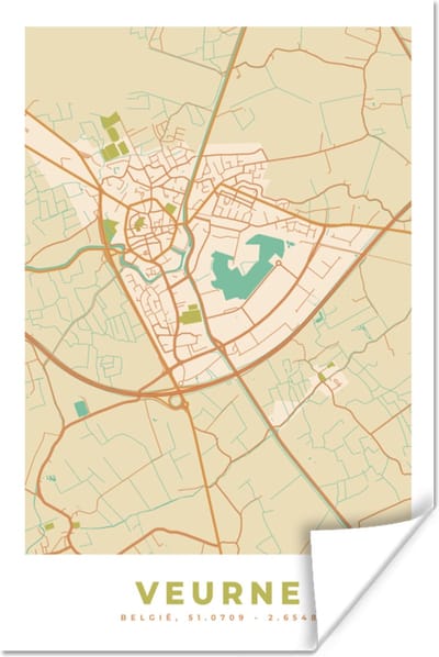 Poster Stadskaart - Kaart - Plattegrond - Vintage - Veurne - 120x180 cm XXL