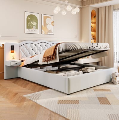 MEUNIQ tweepersoons bed 180x200 cm met hydraulische opbergruimte, geïntegreerd hoofdbord, USB en verlichting, gestoffeerd bed voor slaapkamer, beige