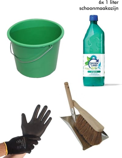 Schoonmaakpakket TUIN | 6 liter Groenland Schoonmaakazijn, 12 liter emmer, Stoffer en blik metaal, 1 paar werkhandschoenen
