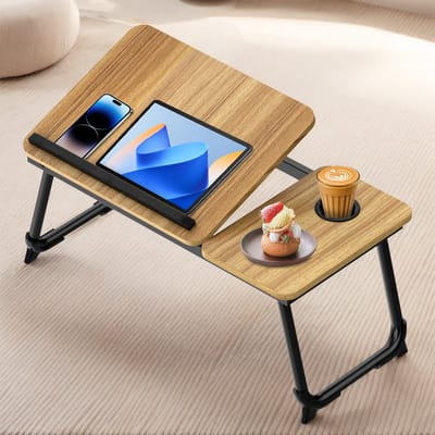 Soontrans Laptoptafel - Opvouwbaar Bedtafel - Banktafel - In 5 Standen Laptoptafel Verstelbaar - 63x27x33cm Laptoptafeltje Hout - Laptopstandaard - Ontbijttafel - Ontbijt op Bed Met Bekerhouder, Walnoot