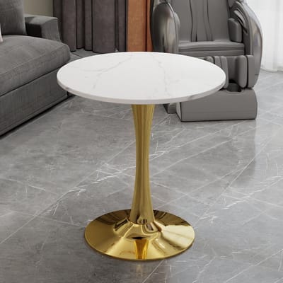 MODFU Ronde Bijzettafel - Strakke Lijnen - Modern Minimalistisch - Voor Woonkamer Of Eethoek - Kunstmarmer - Goudwit