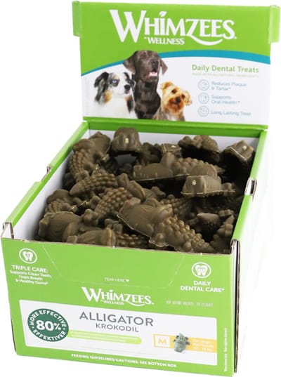 Whimzees Alligator Medium vegetarische tandverzorgingssnack - ondersteunt het verwijderen van tandplak en tandsteen bij het kauwen.