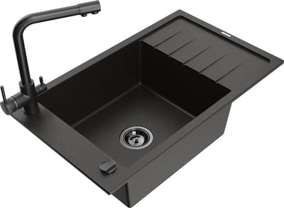 Mexen Elias granieten gootsteen 1-komorig met afdruiprek en keukenkraan Duero, zwart/goud metallic - 6511-75-671600-70-B