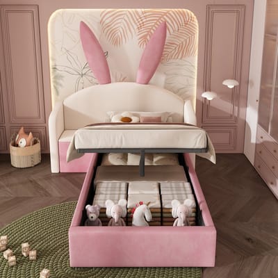 Kinderbed 90x190 cm - met opbergruimte en nachtkastje - konijnenoor-ontwerp - zonder matras - roze en beige