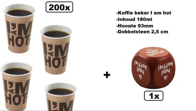 200x Koffie beker I am Hot 180cc + dobbelsteen - koffie thee warme drank soep carnaval thema feest kantine festival grappig en fout
