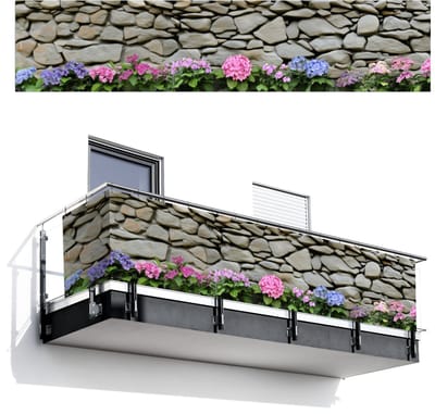 Balkonscherm 500x110 cm - Balkonposter Hortensiaâ€™s - Stenen - Muur - Bloemen - Balkon scherm decoratie - Balkonschermen - Balkondoek zonnescherm