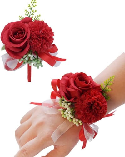 Bruidsboeket Set - Polsbloem en Boutonniere - Bruiloft Decoratie - Handgemaakt Kunstbloemen - 2 stuks - Roze