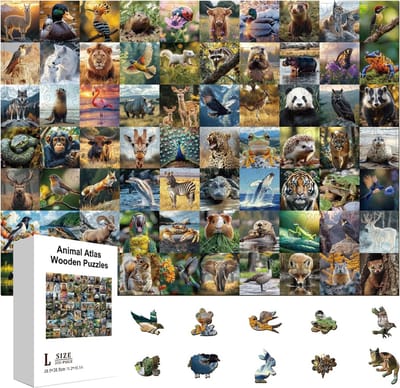 Houten Puzzel - Dierenatlas Puzzel - Educatief Spel - 300 Stukjes - 28.5 x 38.5 cm - Kleurrijk