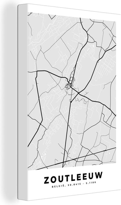 Canvas Schilderij Stadskaart – Plattegrond – België – Zwart Wit – Zoutleeuw – Kaart - 20x30 cm - Wanddecoratie