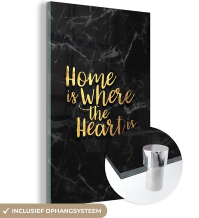 MuchoWow® Glasschilderij 40x60 cm - Schilderij acrylglas - Quote - Home - Marmer - Goud - Foto op glas - Schilderijen