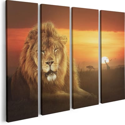 Artaza Canvas Schilderij Vierluik Leeuw In De Savanne - Zonsondergang - 80x60 - Foto Op Canvas - Canvas Print