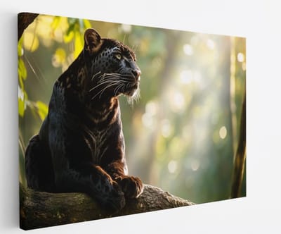Saammp Canvas Schilderij - zwarte panter op boom in zonsondergang - Natuur - Dieren - 45x30 - Foto op canvas - Wanddecoratie - Muurdecoratie Woonkamer - Slaapkamer decoratie - Canvas Print