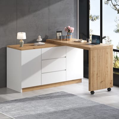 MIVRAY Bureau - Draaibaar Klapbureau Met Opbergruimte En Wielen - Wit Eiken - 120x50x76,5 Cm