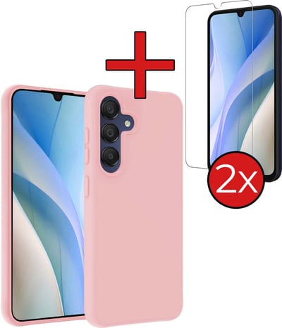 Hoesje - Met 2x Screenprotector - Geschikt voor Samsung Galaxy A15 - Sterk & Shockproof - Telefoon Hoes - Back Cover - Siliconen Case - Telefoonhoes - Lichtroze