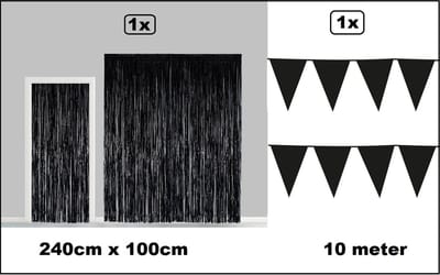 Set Folie gordijn metallic 2,4m x 1m zwart + vlaggenlijn zwart 10 meter - Decoratie Halloween festival themafeest carnaval gala disco glitter and glamour wanddeco