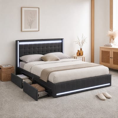 Opbergbed 180x200 cm Donkergrijs Linnen, RGB LED, USB-A & USB-C, 4 Opberglades