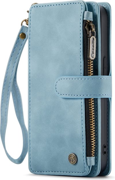 Casemania Hoesje Geschikt voor Apple iPhone 14 Plus - Aqua Blue - Luxe Portemonnee Book Case met Rits