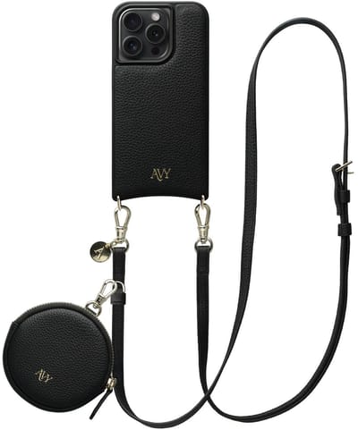 AVY Leren Hoesje geschikt voor Apple iPhone 15 Pro | Met Koord en Mini Telefoontasje | Compatibel met MagSafe | Leather Case met 130CM Koord & Pouch | Long Leather | Zwart