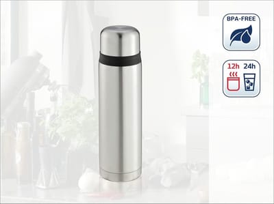 thermosfles, roestvrij staal, 100% dicht, thermosfles met dubbelwandige roestvrijstalen isolatie, druppelvrij uitgieten met één hand, stoot- en stootvaste drinkfles, zilver