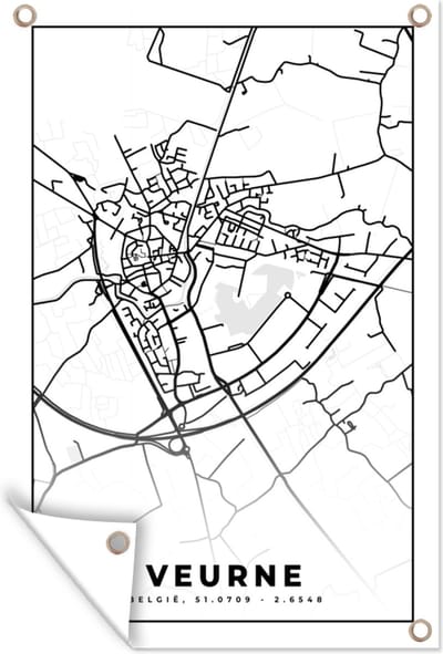 Muurdecoratie België – Veurne – Stadskaart – Kaart – Zwart Wit – Plattegrond - 120x180 cm - Tuinposter - Tuindoek