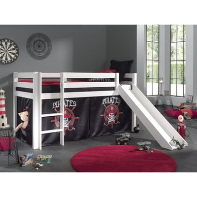 LUCEVI - Pino Halfhoogslaper + Ladder + Glijbaan + Pirates Gordijntjes - Wit - 90x200 cm