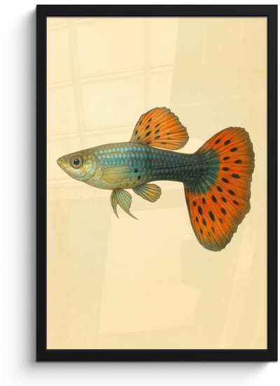 Poster in lijst - Fotolijst 40x60 cm - Posters - Vis - illustratie - Stippen - Oranje - Posterlijst zwart - Decoratie - Wanddecoratie woonkamer - Muurdecoratie slaapkamer