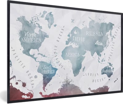 Poster in lijst - Fotolijst 90x60 cm - Posters - Wereldkaart - Kleur - Topografie - Posterlijst zwart - Decoratie - Wanddecoratie woonkamer - Muurdecoratie slaapkamer