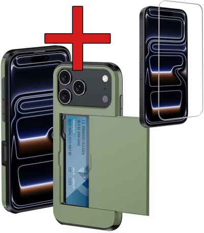 Hoesje Geschikt voor iPhone 17 Pro / 18 Pro Hoesje Met Pasjeshouder Hard Case Met Kaarthouder Met Screenprotector - Hoes Geschikt voor iPhone 17 Pro / 18 Pro Hoesje Pashouder Case - Donkergroen