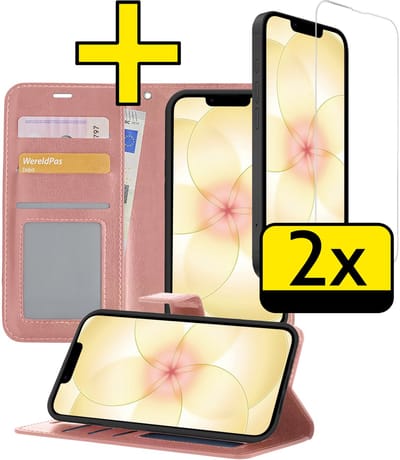 Hoesje - Met 2x Screenprotector - Geschikt voor Apple iPhone 17e - Luxe Pasjeshouder - Bookcase Portemonee - Flip Case - Kunstleer Book Case - Flipcase Hoes - Book Cover - Walletcase - Portemonneehoes - Telefoonhoesjes - Rosé goud