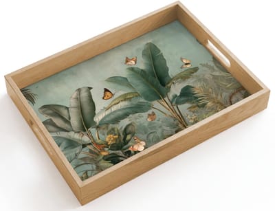Dienblad hout 40x30 cm - Schootdienblad - Tropisch bladerdek - Vlinders - groen - Bruin - Borrelplank rechthoek - Plateau dienbladen