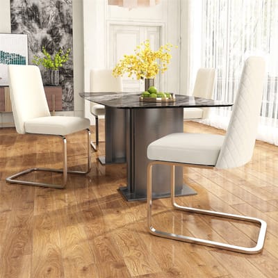 YEHTOKHOME Fluwelen Eetkamerstoelen, Set van 4, Rugleuning met diamantvormig gaasontwerp, Glanzende zilverkleurige metalen poten en antislipvoetjes, Eenvoudige en elegante stoelen, Beige
