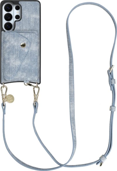 AVY Hoesje geschikt voor Samsung Galaxy S26 Ultra | Met Koord en Kaarthouder | Compatibel met MagSafe | Kunstleren Case met Crossbody Koord & Wallet | Long Denim | Denim