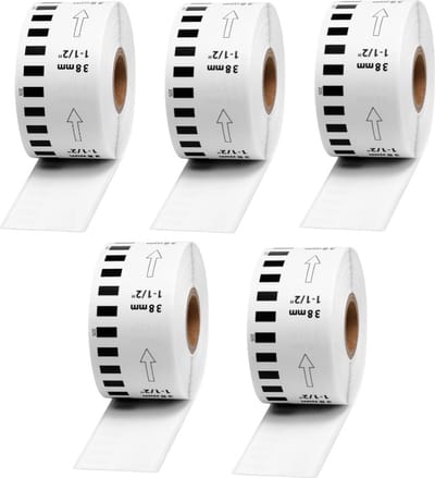 Label Tape Geschikt voor Brother DK-22225 | 38 mm x 30,48 m | Zwart op wit - Papier Etiketten - 5 stuks - Geschikt voor: QL-500 QL-550 QL-560 QL-570 QL-580N QL-650TD QL-1050N QL-1060N QL-700 QL-710W QL-720NW QL-800 QL-810W QL-820NW TD-2130N QL-600