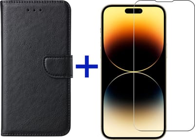 iPhone 14 Pro Max hoesje bookcase met pasjeshouder + screenprotector voor iPhone 14 Pro Max - Zwart