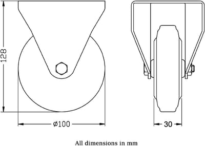 Vast zwenkwiel van 100 mm met zwart rubber op een hartwiel van geperst staal