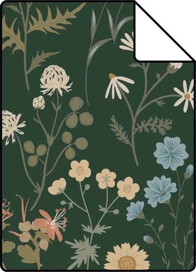 Proefstaal ESTAhome behang veldbloemen donkergroen en blauw - 26.5 x 21 cm - 139697-S