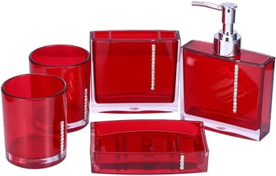 Luxe Badkameraccessoires Set van 5 Stukken in Rood Acryl voor Badkamerdecoratie met Tandenborstelhouder, Zeepbakje en Gorgeld beker voor Thuisgebruik