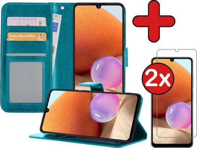 Hoesje - Met 2x Screenprotector - Geschikt voor Samsung Galaxy A32 5G - Luxe Pasjeshouder - Flip Case - Bookcase Portemonee - Kunstleer Book Case - Flipcase Hoes - Book Cover - Walletcase - Portemonneehoes - Telefoonhoes - Turquoise