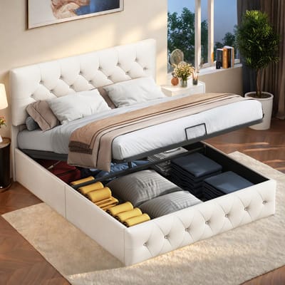 Gestoffeerd bed 140x200cm, slaapkamerplatformbed met hydraulische lift, opbergbox, tweepersoonsbed, jeugdbed, beige fluwelen hoofdeinde, gestoffeerd bedframe met lattenbodem, zonder matras (verzendkosten: 2 pakketten splitsen)