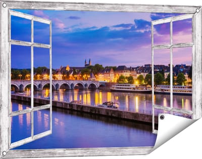 Gards Tuinposter Doorkijk Maastricht Maas Rivier bij de Sint Servaasbrug - 90x60 cm - Tuindoek - Tuindecoratie - Wanddecoratie buiten - Tuinschilderij