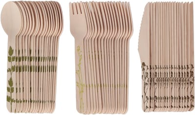 Esschert Design bestek set - hout - 60x - mes/lepel/vork - kruidenopdruk - BBQ/verjaardag/camping