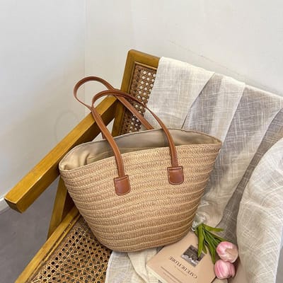 Nouveau Sac en Paille Tissé Polyvalent Simple et Tendance Grand Capacité Sac à Épaule Sac à Main Rétro Sac de Plage Sac pour Femmes Tricot brown
