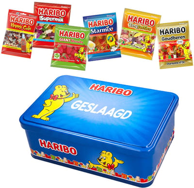 Haribo "Super Party" snoep mix 480g - Geslaagd - Tinnen blik met uitdeelsnoep in individuele verpakte snoepzakjes - Snoep traktatie - Afstudeercadeau