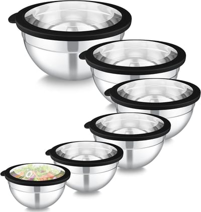 Set van 6 Roestvrijstalen Mengkommen met Transparante Deksel voor Salades, Koken en Bakken - Stapelbaar en Vaatwasmachinebestendig, Capaciteit tot 4.5L
