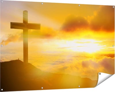 Gards Tuinposter Kruis van Jezus Christus bij Zonsondergang - 150x100 cm - Tuindoek - Tuindecoratie - Wanddecoratie buiten - Tuinschilderij