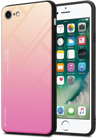 Cadorabo Hoesje geschikt voor Apple iPhone 7 / 7S / 8 / SE 2020 in GEEL - ROZE - Tweekleurige beschermhoes van TPU-silicone Case Cover en achterzijde van gehard glas