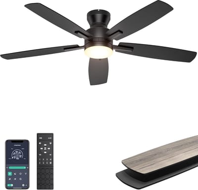 Plafondventilator met verlichting - 132 cm - laag profiel - afstandsbediening/app - dimbaar licht - stille plafondventilator - inbouwmontage - modern - voor slaapkamer - woonkamer, zwart