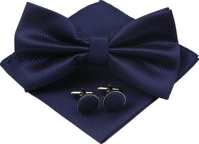 Fako Fashion - Vlinderstrik, Pochette & Manchetknopen - Kleine Ruit - Vlinderdas - Strikje - Pochet - Navy Blauw
