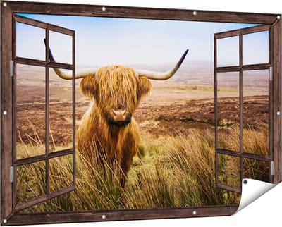 Gards Tuinposter Doorkijk Schotse Hooglander Koe in het Veld - 150x100 cm - Tuindoek - Tuindecoratie - Wanddecoratie buiten - Tuinschilderij
