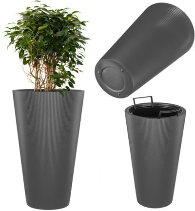 KADAX plantenbak Ø 29,5 x H 49 cm, moderne bloembak met binnenpot & geribbeld design, grote plantenpot van kunststof (antraciet)